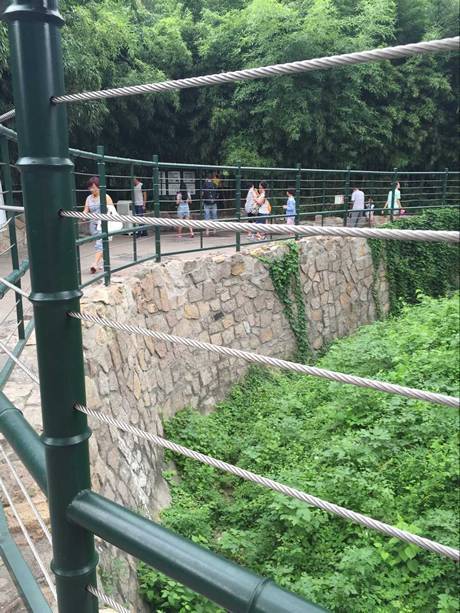 Many people beside the fence and the fence is made of rod and rope mesh.